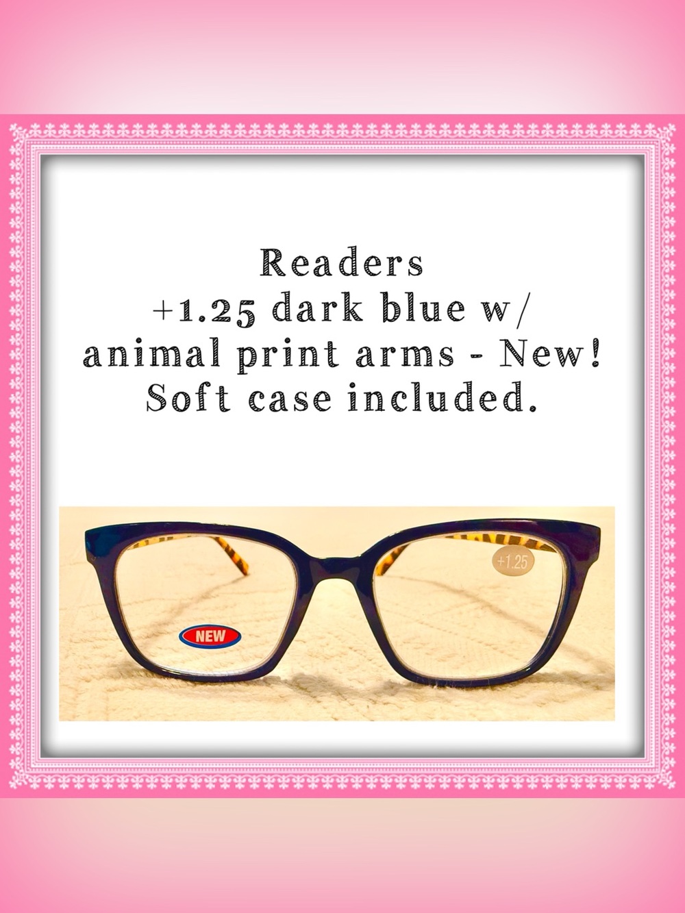 Reading eye glasses +1.25 New! Dark blue w/ animal print arms.  Incl soft case